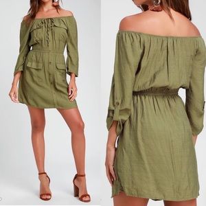 Lulu's Olive Green Off-Shoulder Long Sleeve Dress